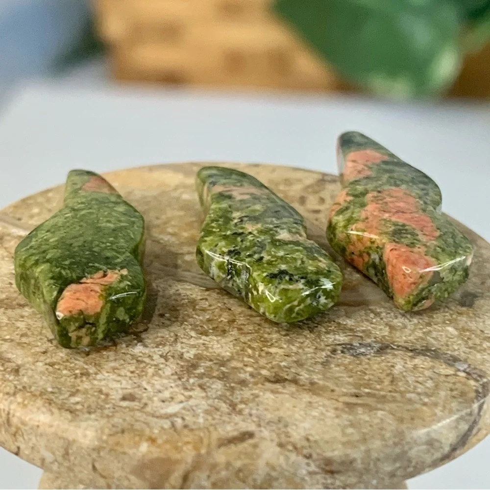 3 Native American Style Carved Bird Fetish Animal Stone Beads Pink Green Unakite